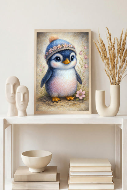 Süßer Baby-Pinguin mit gestrickter Mütze und Blütenband in Pastellfarben, zarte Blumen am Rand, Kinderzimmer-Motiv.