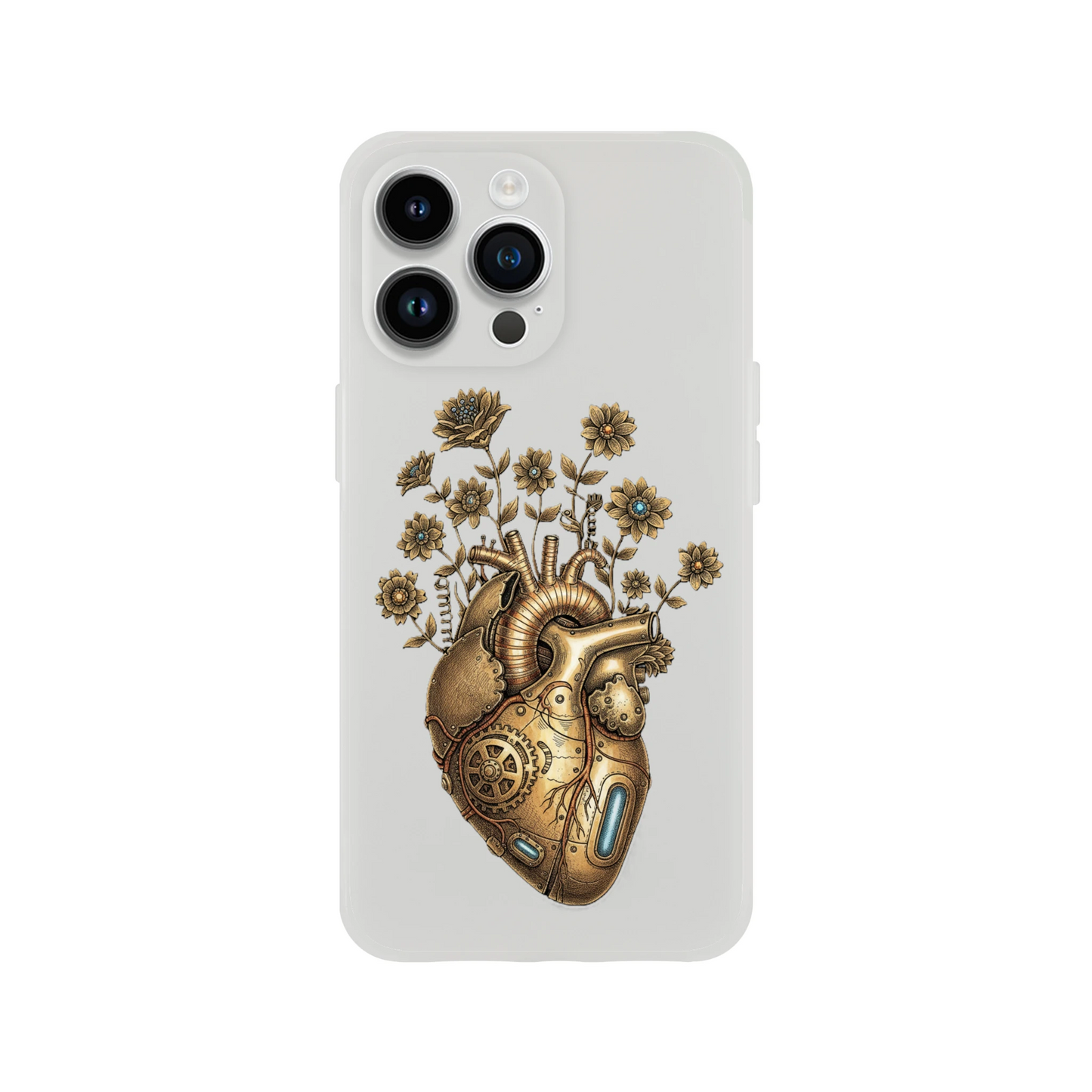 Transparente iPhone Schutzhülle mit Steampunk Herz Motiv, klare Flexi Case Oberfläche, schlank, modern, passgenau für verschiedene Modelle.