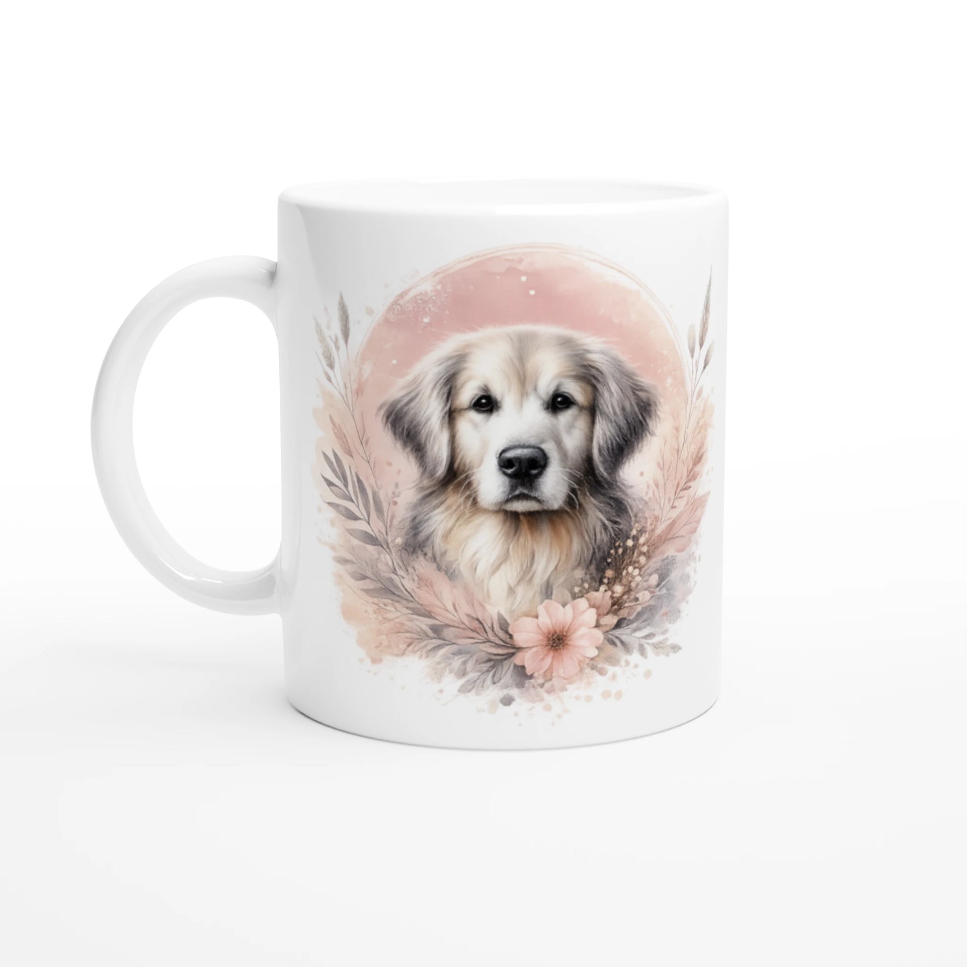 Keramiktasse mit Golden Retriever Portrait und zarten Blumen in warmen Naturtönen, dekorativer Hundebecher als Geschenk oder Alltagsbecher