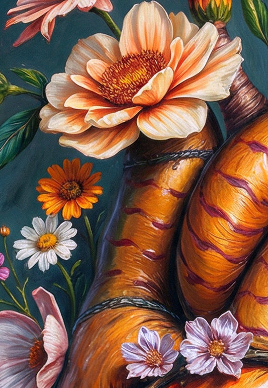 Digitales Poster im Hochformat mit anatomischem Herz in warmen Orange- und Rottönen, umgeben von zarten Blumen vor dunklem petrolblauem Hintergrund.