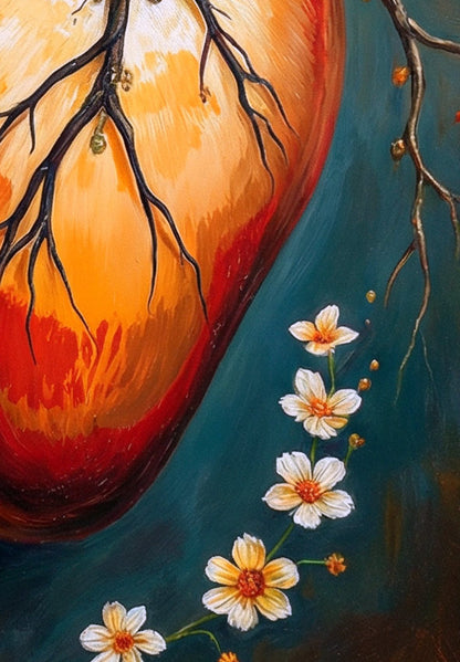 Anatomische Herzillustration als digitales Wandbild, gestaltet in Orange und Rot, mit floralen Elementen auf tief petrolblauem Hintergrund im Hochformat.