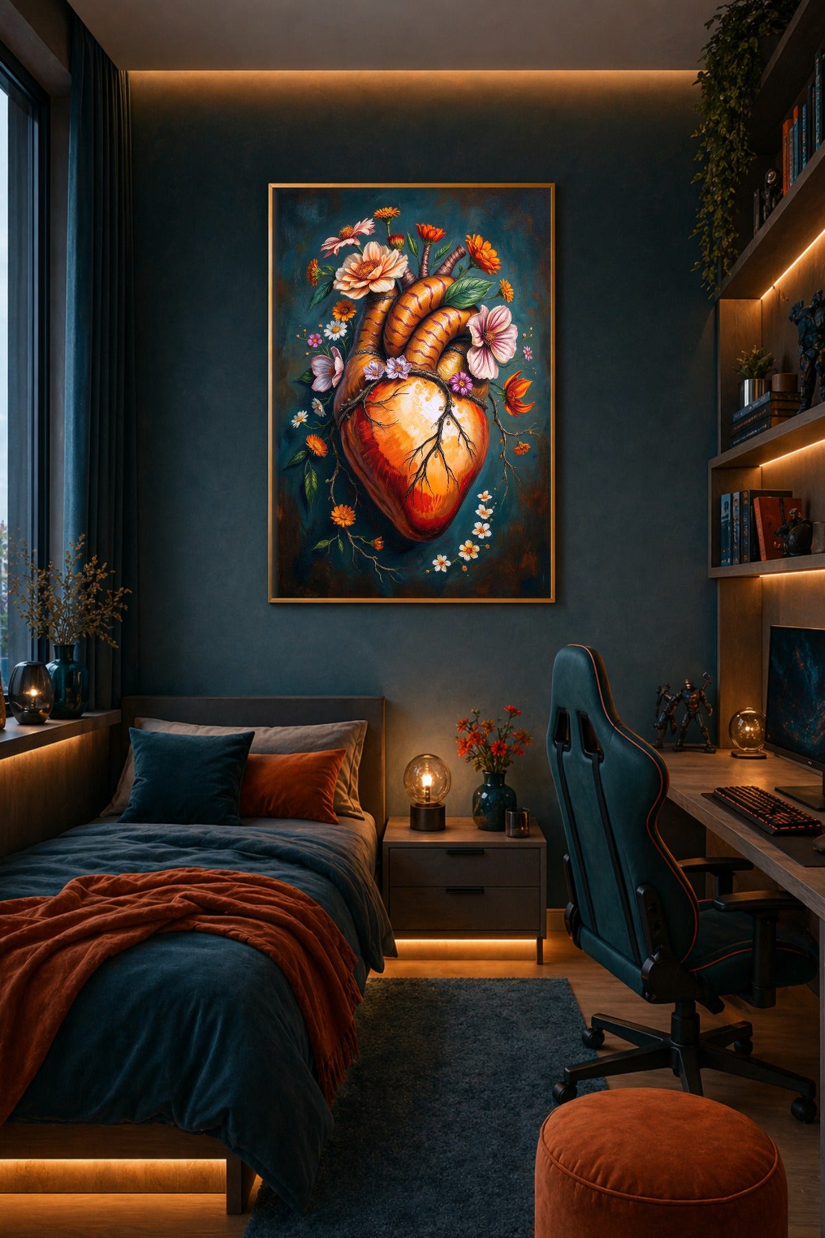 Botanisch-anatomisches Digitalposter mit rotem und orangefarbenem Herzmotiv, floralen Details und ruhigem, dunklem Hintergrund in Petrolblau.