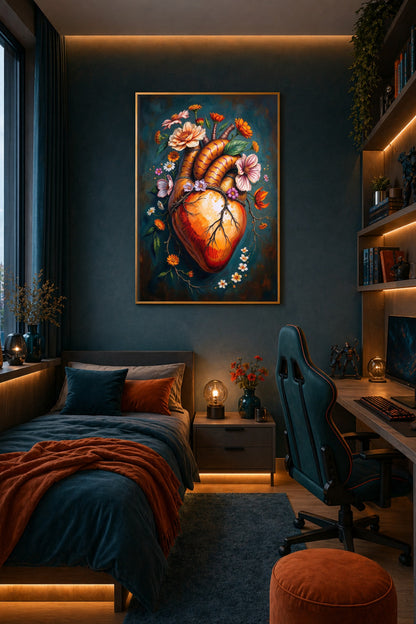 Botanisch-anatomisches Digitalposter mit rotem und orangefarbenem Herzmotiv, floralen Details und ruhigem, dunklem Hintergrund in Petrolblau.