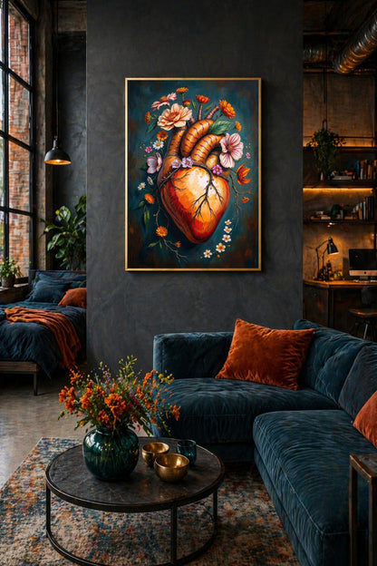 Digitales Wandbild im Hochformat mit anatomischem Herz in warmen Rot- und Orangetönen, umgeben von Blumen und feinen Linien auf petrolblauem Grund.
