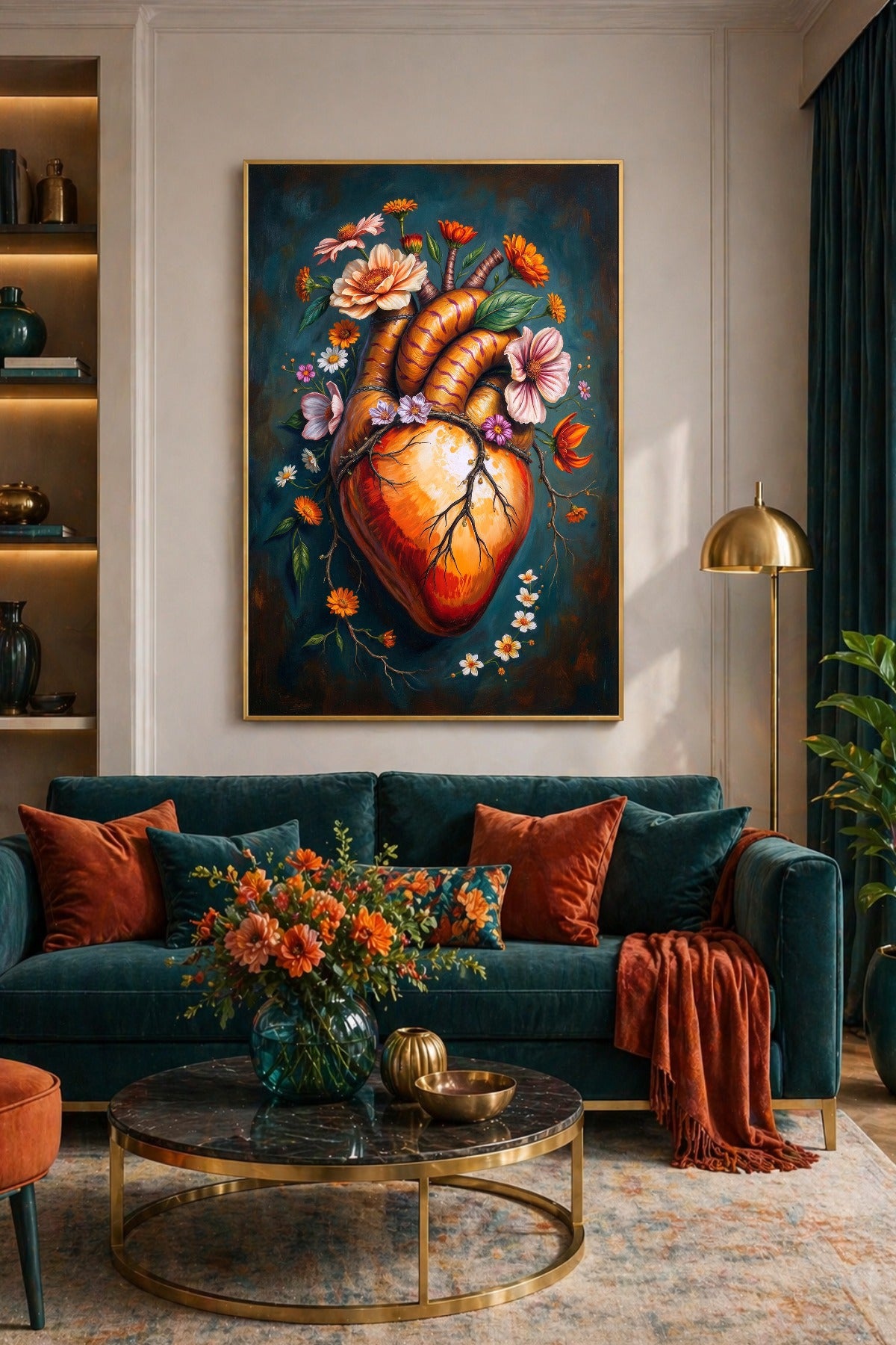 Künstlerisches digitales Poster mit anatomischer Herzzeichnung in Orange und Rot, floraler Umrahmung und dunklem petrolblauem Hintergrund im vertikalen Format.