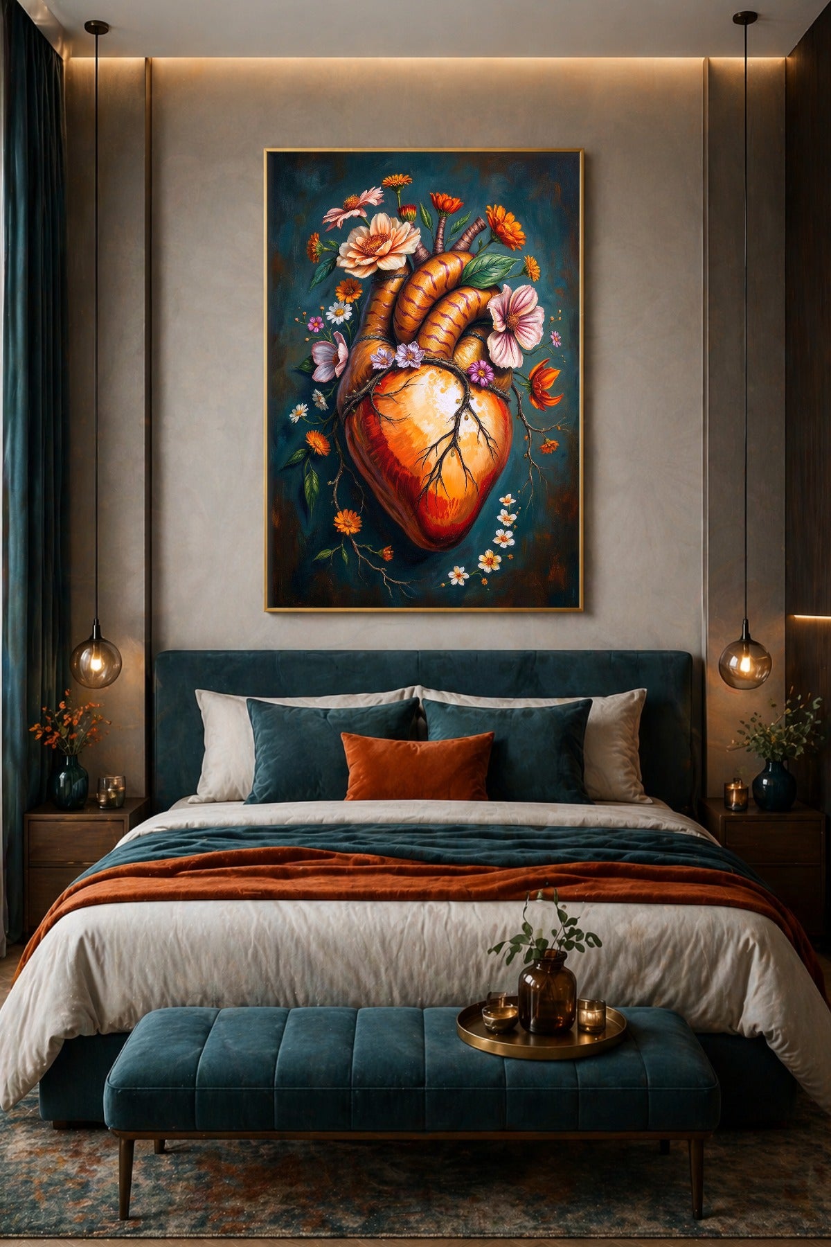 Hochformatige Natur- und Anatomie-Illustration als digitales Poster mit orange-rotem Herz, zarten Blumen und tief petrolblauem Hintergrund.