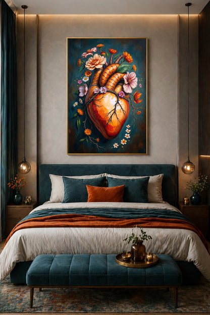 Hochformatige Natur- und Anatomie-Illustration als digitales Poster mit orange-rotem Herz, zarten Blumen und tief petrolblauem Hintergrund.