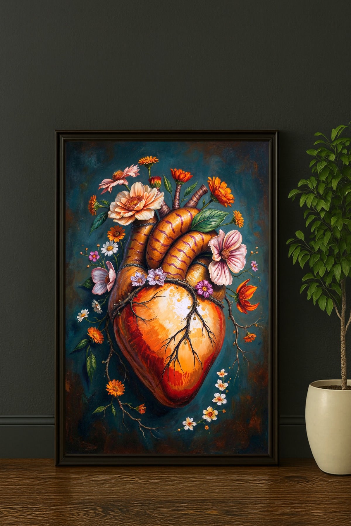 Digitales Poster mit anatomischem Herz in Orange und Rot, umgeben von Blumen auf dunklem petrolblauem Hintergrund im Hochformat.