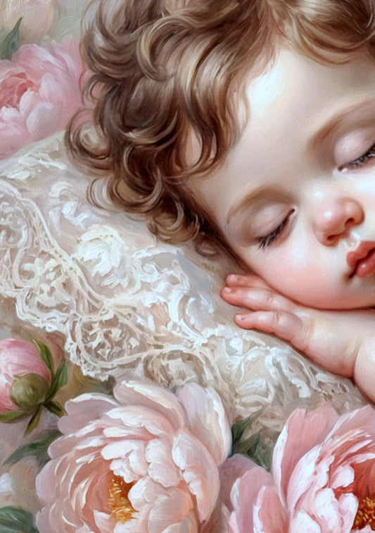 Gedrucktes Poster mit ruhendem Engelbaby auf Wolken, rosa Pfingstrosen und feinen Engelsflügeln in sanfter Vintage-Romantik. Detailsansicht