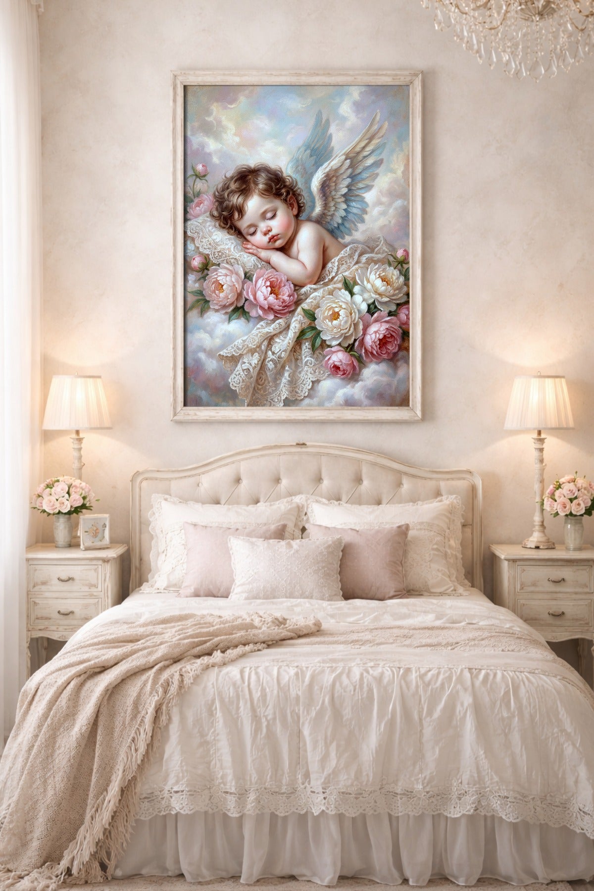 Digitales Wandbild im Shabby-Chic-Look mit Engelkind auf Wolken, rosafarbenen Pfingstrosen, feinen Flügeln und sanftem Himmel in Pastelltönen. Hängt gerahmt über einem Bett.