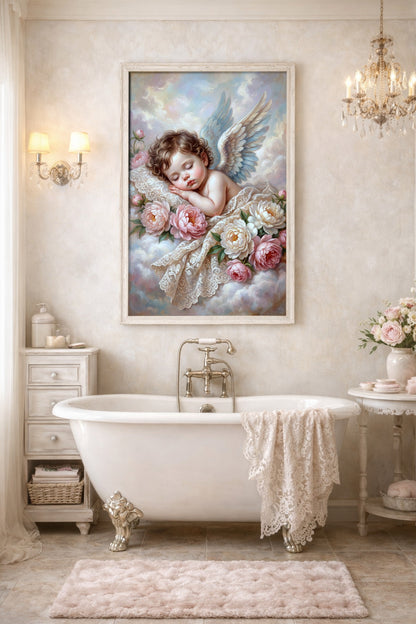 Verträumtes Engel-Poster mit schlafendem Engelkind, rosa Blüten, Engelsflügeln und hellem Himmel im romantischen Landhausstil. Hängt gerahmt über einer Bdewanne.