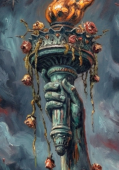 Digitales Freiheitsstatue-Wandbild im Dark-Fantasy-Stil mit leuchtendem Nachthimmel, urbaner Skyline und düsterer apokalyptischer Atmosphäre.