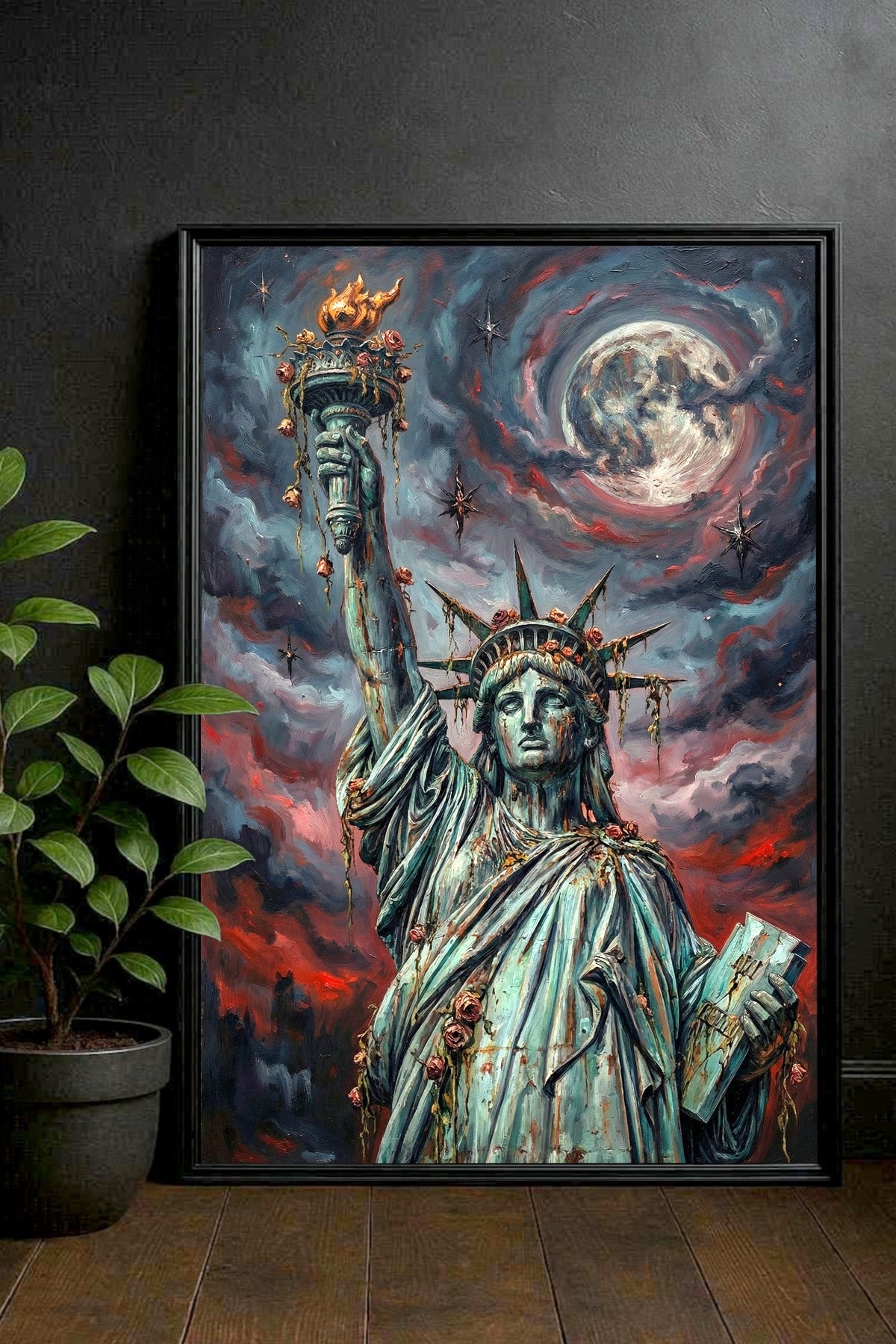 Digitales Freiheitsstatue-Wandbild im Dark-Fantasy-Stil mit leuchtendem Nachthimmel, urbaner Skyline und düsterer apokalyptischer Atmosphäre.