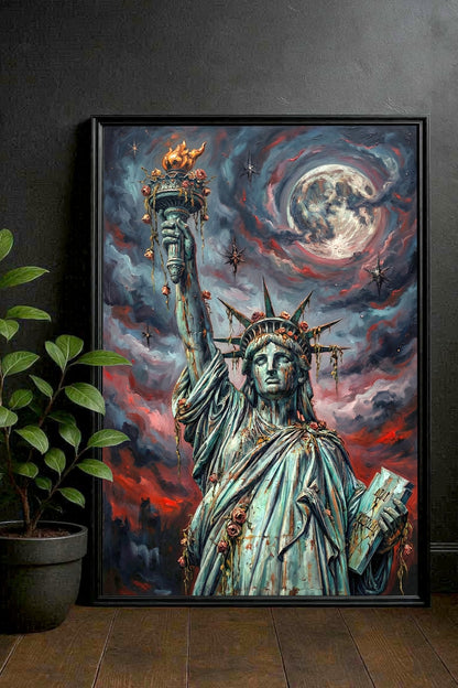 Digitales Freiheitsstatue-Wandbild im Dark-Fantasy-Stil mit leuchtendem Nachthimmel, urbaner Skyline und düsterer apokalyptischer Atmosphäre.