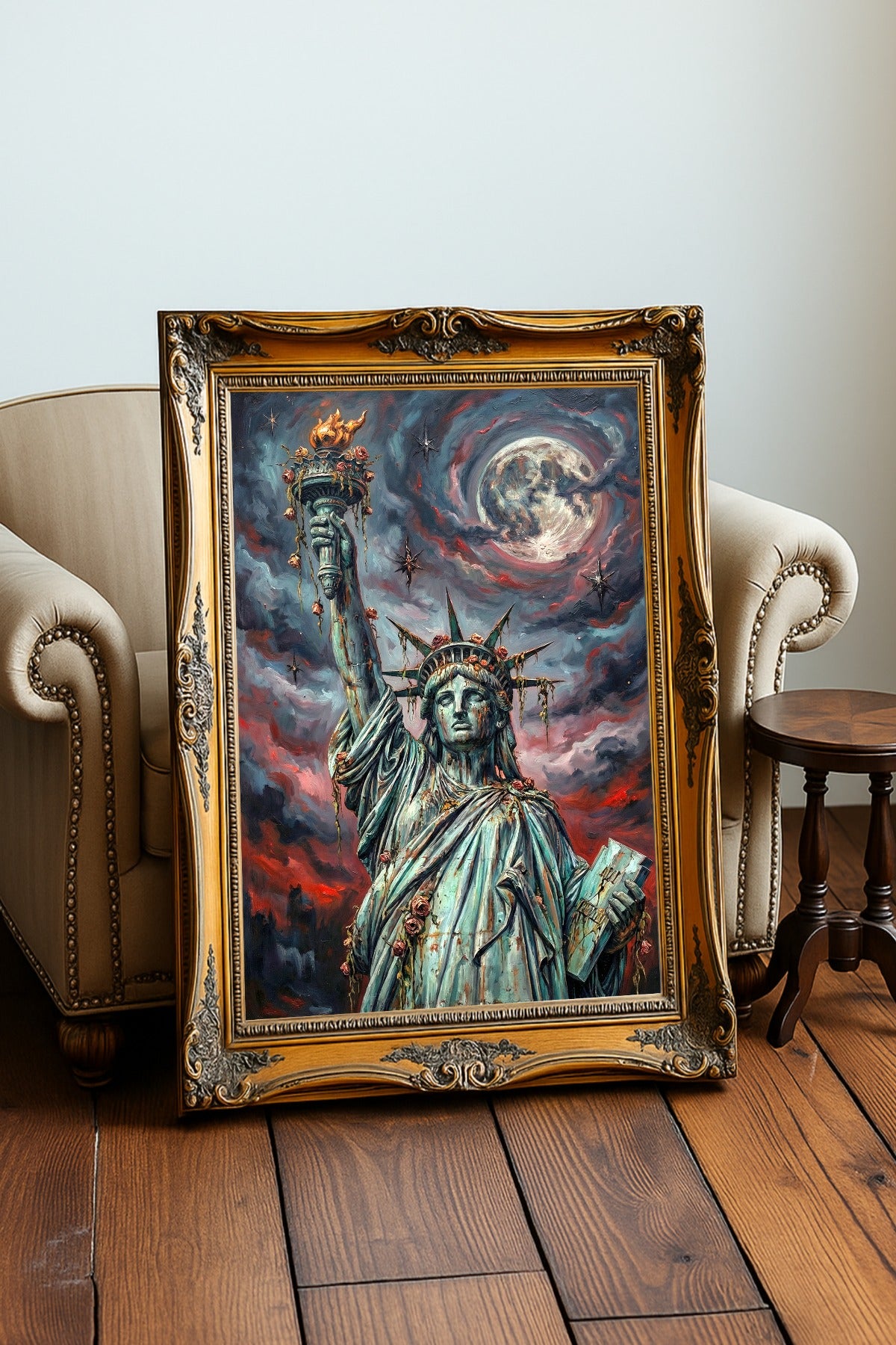 Digitales Freiheitsstatue-Wandbild im Dark-Fantasy-Stil mit leuchtendem Nachthimmel, urbaner Skyline und düsterer apokalyptischer Atmosphäre.