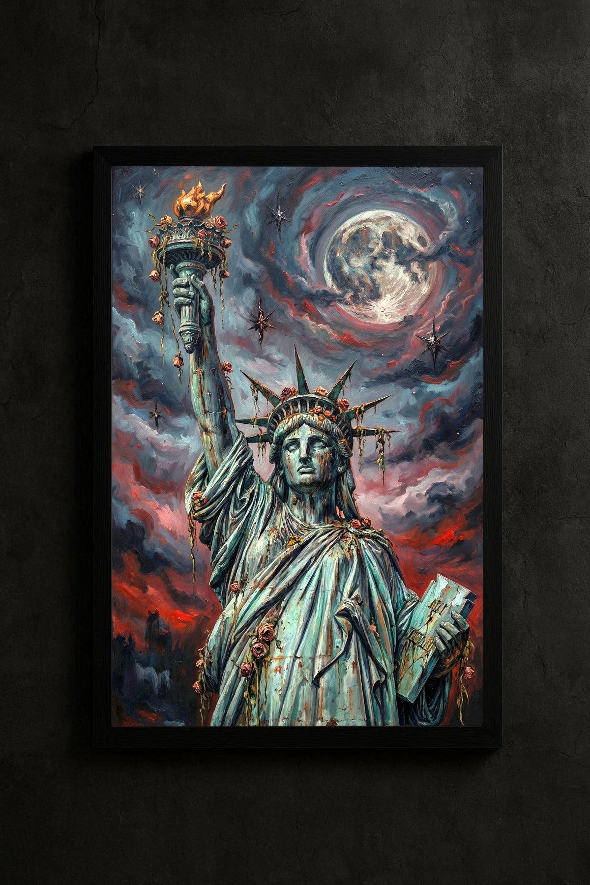 Digitales Freiheitsstatue-Wandbild im Dark-Fantasy-Stil mit leuchtendem Nachthimmel, urbaner Skyline und düsterer apokalyptischer Atmosphäre.