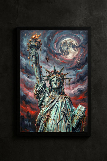 Digitales Freiheitsstatue-Wandbild im Dark-Fantasy-Stil mit leuchtendem Nachthimmel, urbaner Skyline und düsterer apokalyptischer Atmosphäre.