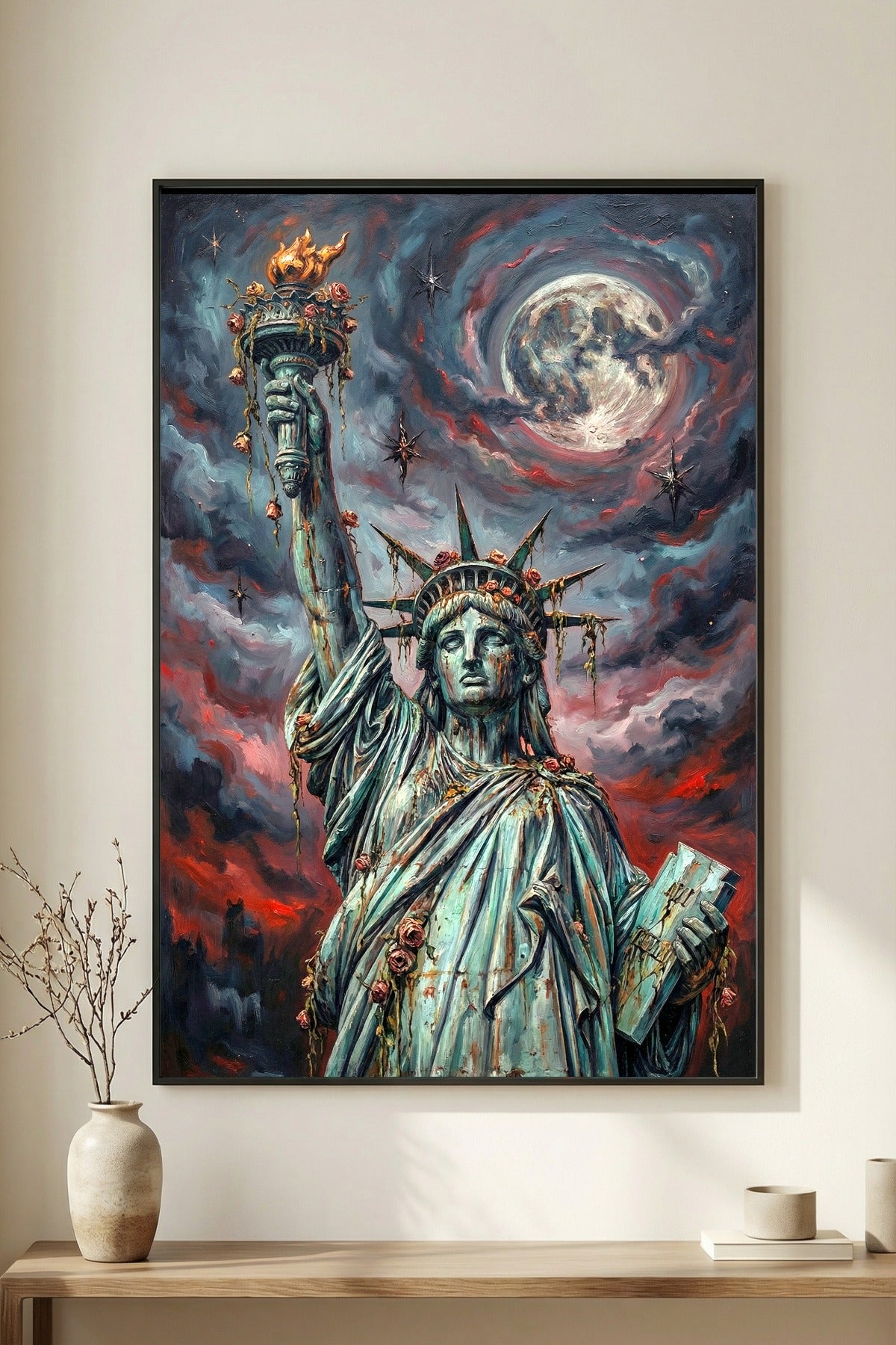 Digitales Freiheitsstatue-Wandbild im Dark-Fantasy-Stil mit leuchtendem Nachthimmel, urbaner Skyline und düsterer apokalyptischer Atmosphäre.