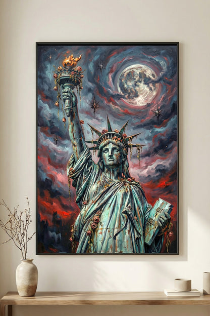 Digitales Freiheitsstatue-Wandbild im Dark-Fantasy-Stil mit leuchtendem Nachthimmel, urbaner Skyline und düsterer apokalyptischer Atmosphäre.