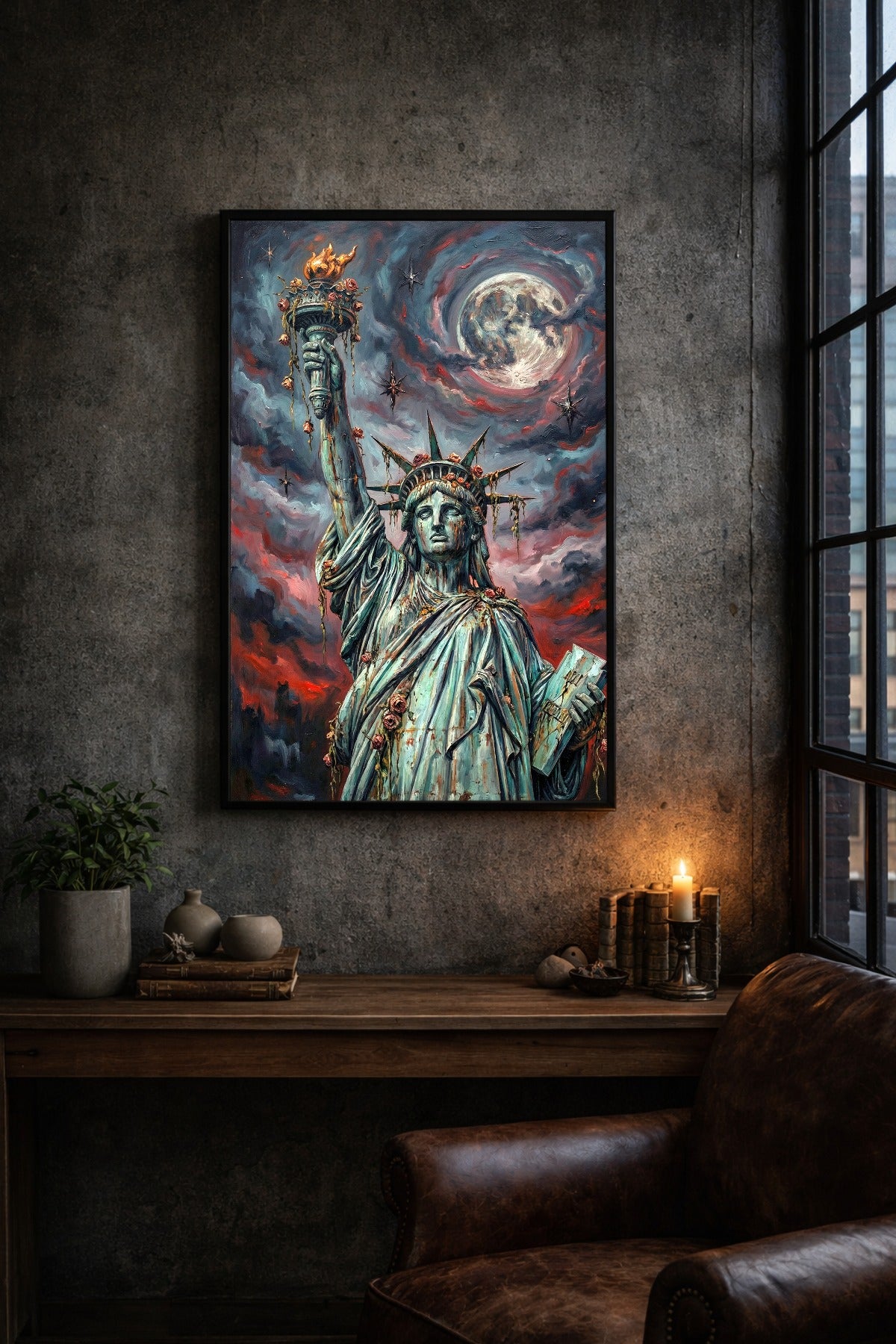 Digitales Freiheitsstatue-Wandbild im Dark-Fantasy-Stil mit leuchtendem Nachthimmel, urbaner Skyline und düsterer apokalyptischer Atmosphäre.