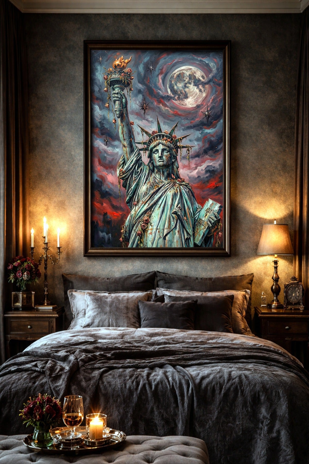 Digitales Freiheitsstatue-Wandbild im Dark-Fantasy-Stil mit leuchtendem Nachthimmel, urbaner Skyline und düsterer apokalyptischer Atmosphäre.