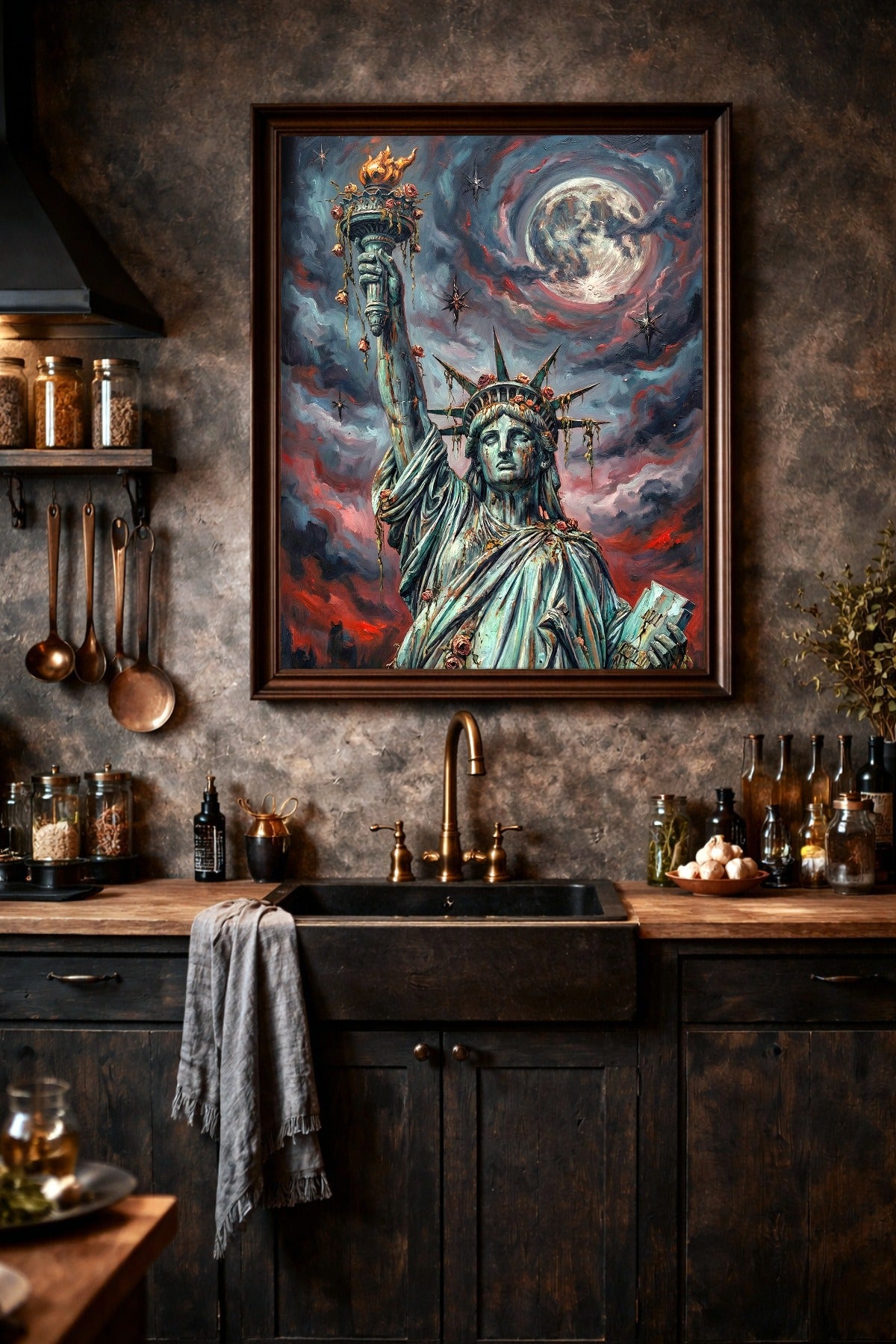 Digitales Freiheitsstatue-Wandbild im Dark-Fantasy-Stil mit leuchtendem Nachthimmel, urbaner Skyline und düsterer apokalyptischer Atmosphäre.