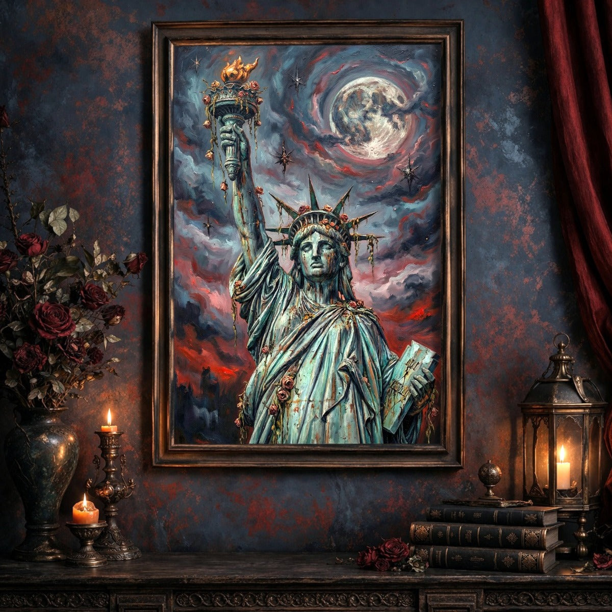 Digitales Freiheitsstatue-Wandbild im Dark-Fantasy-Stil mit leuchtendem Nachthimmel, urbaner Skyline und düsterer apokalyptischer Atmosphäre.