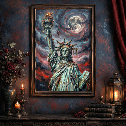 Digitales Freiheitsstatue-Wandbild im Dark-Fantasy-Stil mit leuchtendem Nachthimmel, urbaner Skyline und düsterer apokalyptischer Atmosphäre.
