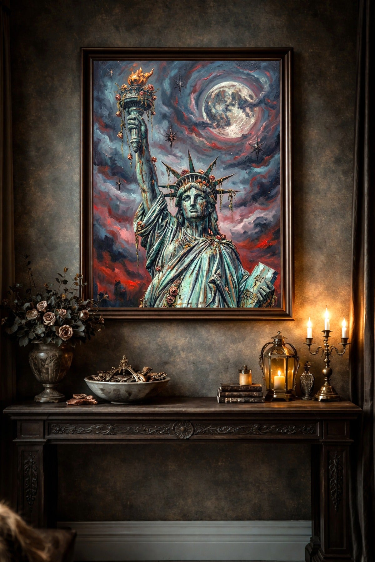 Digitales Freiheitsstatue-Wandbild im Dark-Fantasy-Stil mit leuchtendem Nachthimmel, urbaner Skyline und düsterer apokalyptischer Atmosphäre.
