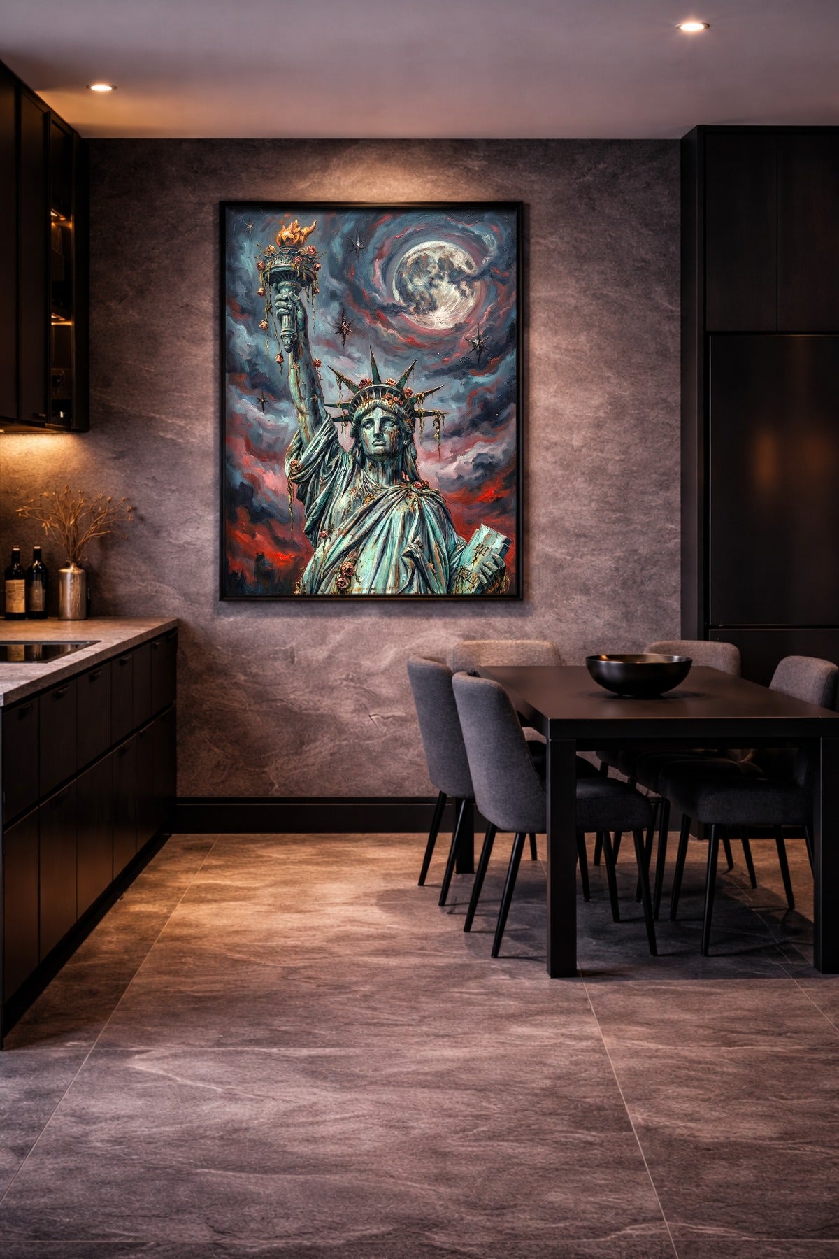 Amerika Wandbild mit Freiheitsstatue, leuchtendem Vollmond, dunklen Wolken und roten Akzenten in geheimnisvoller Industrial-Optik. Esszimmerdeko