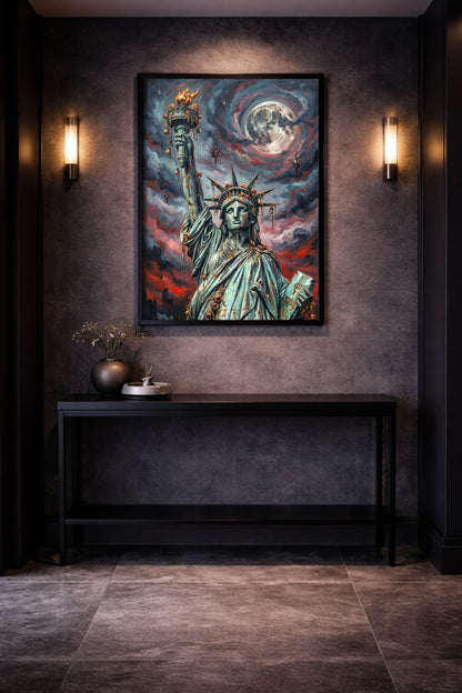 Mystisches New York Poster mit Freiheitsstatue vor Vollmond, Rosen und dramatischer Wolkenkulisse in dunklem Industrial Look. Flurdeko