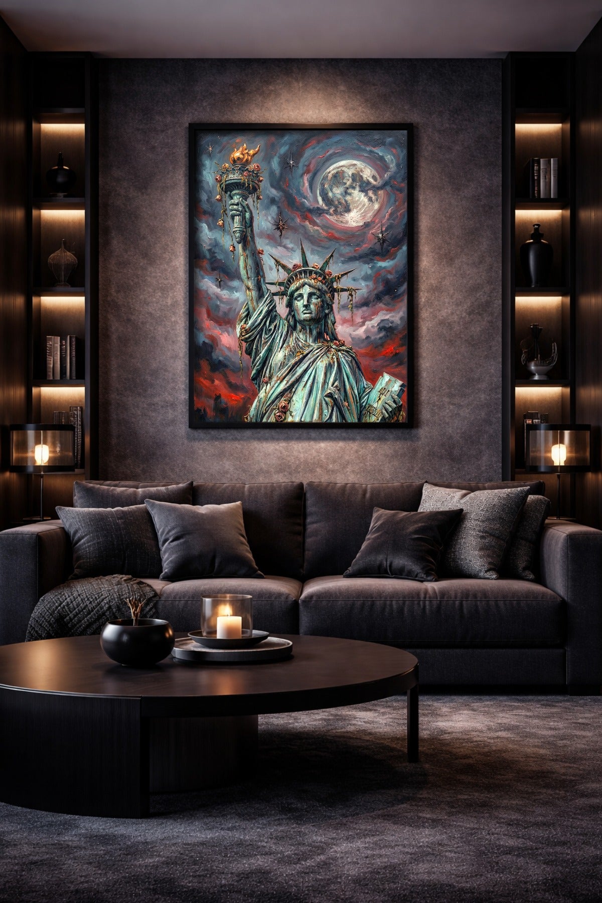 Moderne Wanddeko mit Freiheitsstatue, großem Mond, roten Wolkenakzenten und Rosen im düsteren New York Industrial Stil. Wohnzimmerdeko