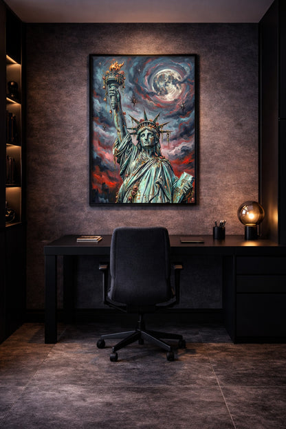New York Wandbild mit Freiheitsstatue vor hellem Vollmond, tiefen Wolken und floralen Details als mystische Amerika Deko. Gamer Room Deko