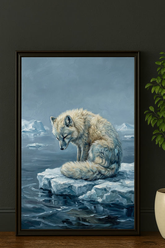 Digitales Ölgemälde eines weißen Polarfuchses auf einer Eisscholle, arktische Landschaft in Eisblau und Nebelgrau, strukturierte Pinselstriche.