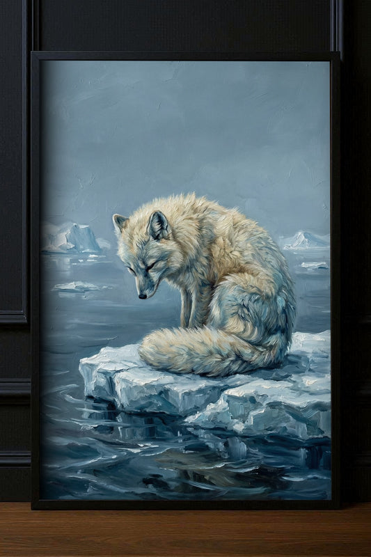 Poster Polarfuchs mit weißem Fuchs auf einer Eisscholle im kalten Wasser, gemalt in Blau, Grau und Weiß als ruhiges Naturmotiv.