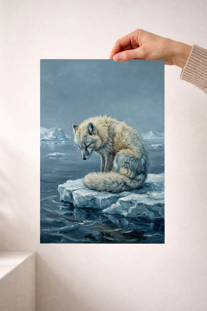 Eine Hand hält das Poster Polar Fuchs. Das gedruckte Beispielbild hat das Format A4.