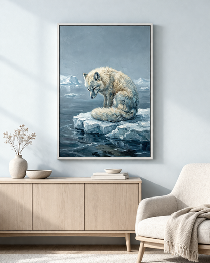 Der Kunstruck ist gerahmt in einem weißen Bilderrahmen und hängt in einem Wohnzimmer an der Wand. Das Wohnzimmer ist im Skandi-Stil.