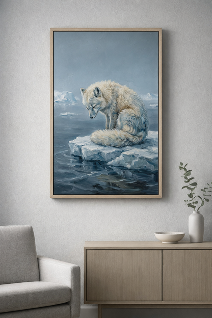 Digitales Ölgemälde eines weißen Polarfuchses auf einer Eisscholle, arktische Landschaft in Eisblau und Nebelgrau, strukturierte Pinselstriche.