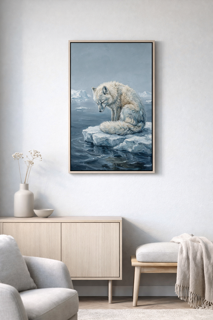 Das Poster ist gerahmt in einen Rahmen aus hellem Holz. Unter dem Bild befindet sich eine helle Kommode aus Holz. Rehcts daneben ein kleiner Hocker auf dem eine beige Decke liegt.