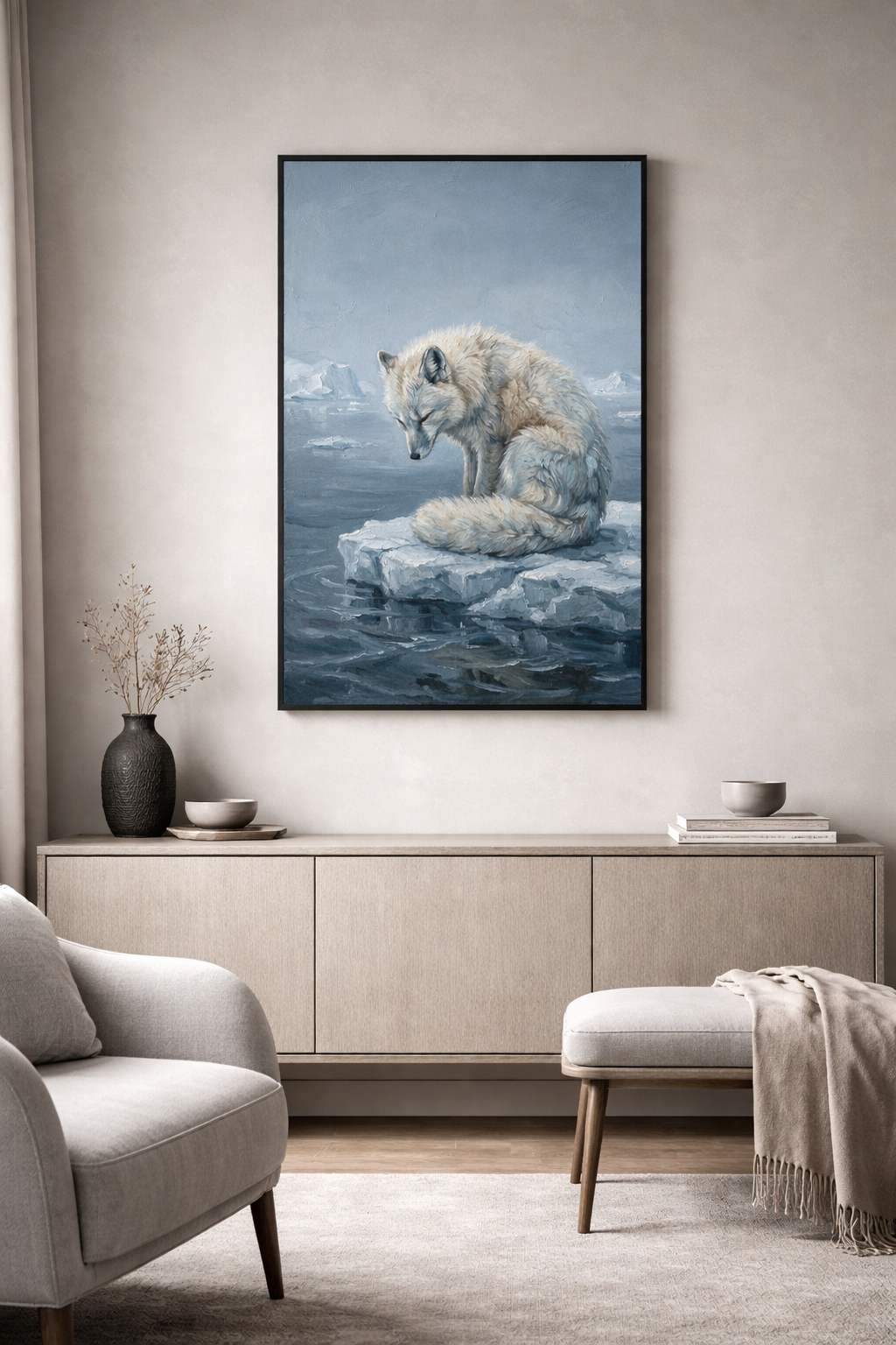 Digitales Ölgemälde eines weißen Polarfuchses auf einer Eisscholle, arktische Landschaft in Eisblau und Nebelgrau, strukturierte Pinselstriche.