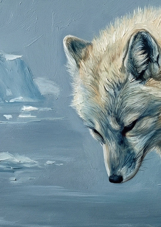 Das Bild zeigt Details eines Kunstdrucks "Polar Fuchs". Zu sehen ist das traurige Gesicht und die Fellstruktur.