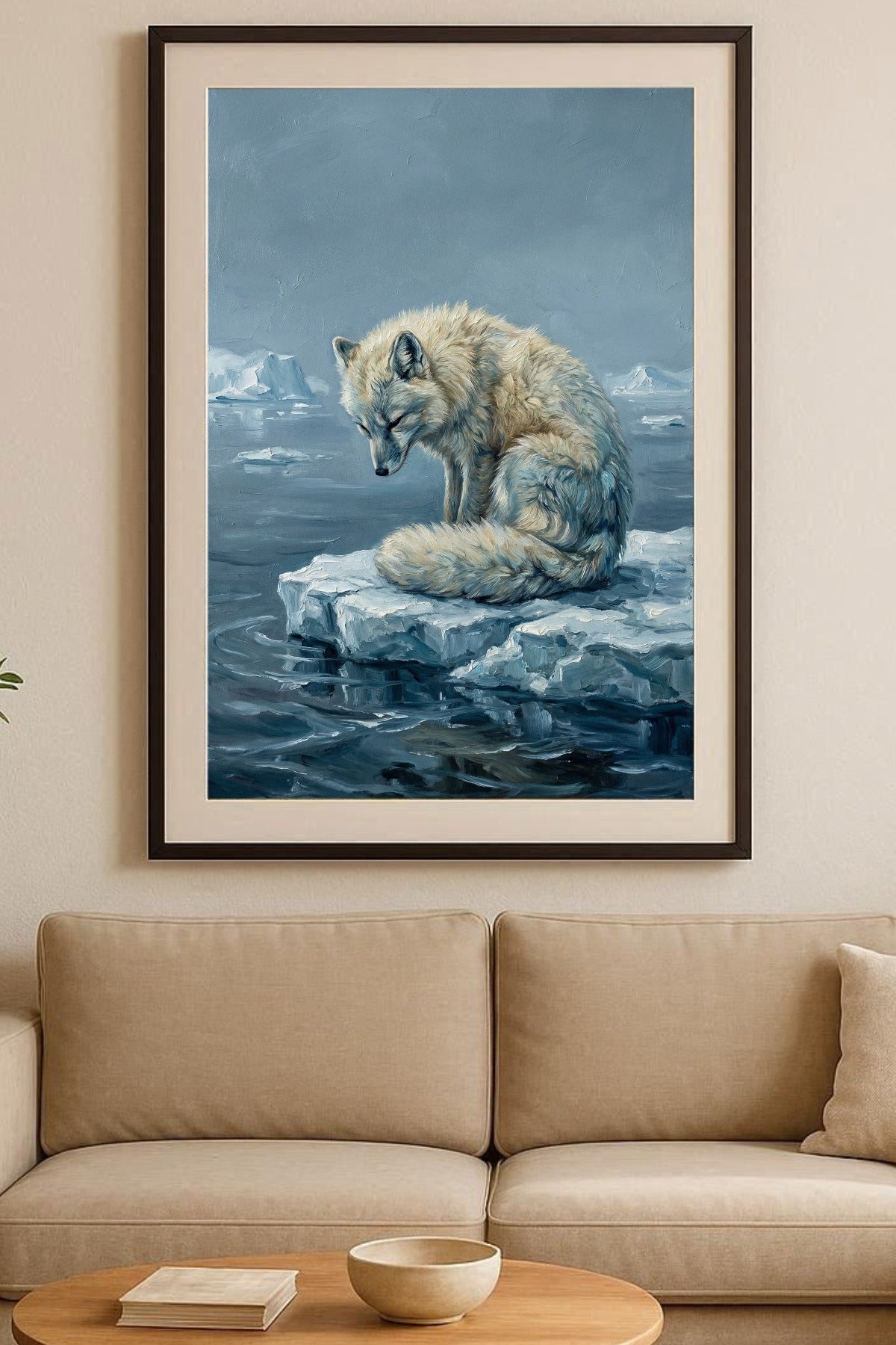 Digitales Ölgemälde eines weißen Polarfuchses auf einer Eisscholle, arktische Landschaft in Eisblau und Nebelgrau, strukturierte Pinselstriche.