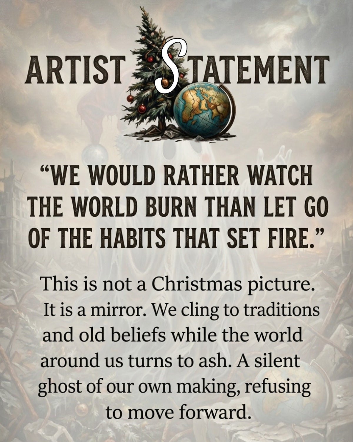Düsteres Dark Fantasy Artwork: Ein kleiner Geist mit Weihnachtsmütze steht in einer brennenden Trümmerlandschaft mit einem zerbrochenen Globus und einem Weihnachtsbaum – Symbol für das Festhalten an Traditionen in der Apokalypse.
