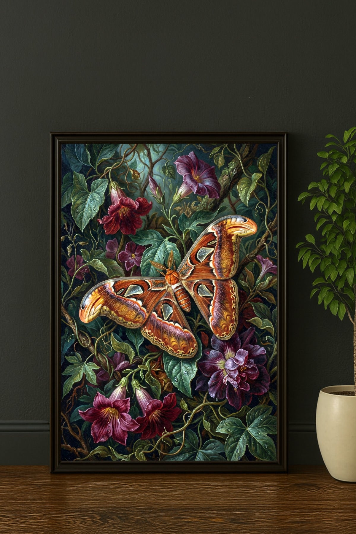 Digitales Atlas Moth Poster mit rostorangem Falter, dunklen Blättern und tiefroten Blüten in botanischer Nachtgartenoptik.