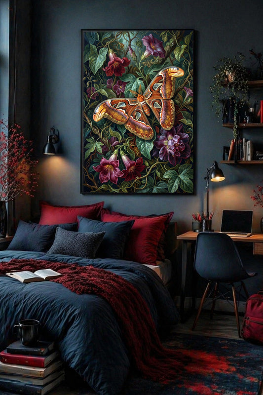 Atlas Moth Poster als digitales Wandbild im dunklen Schlafzimmer mit petrolblauer Wand, roten Kissen und warmem Licht.