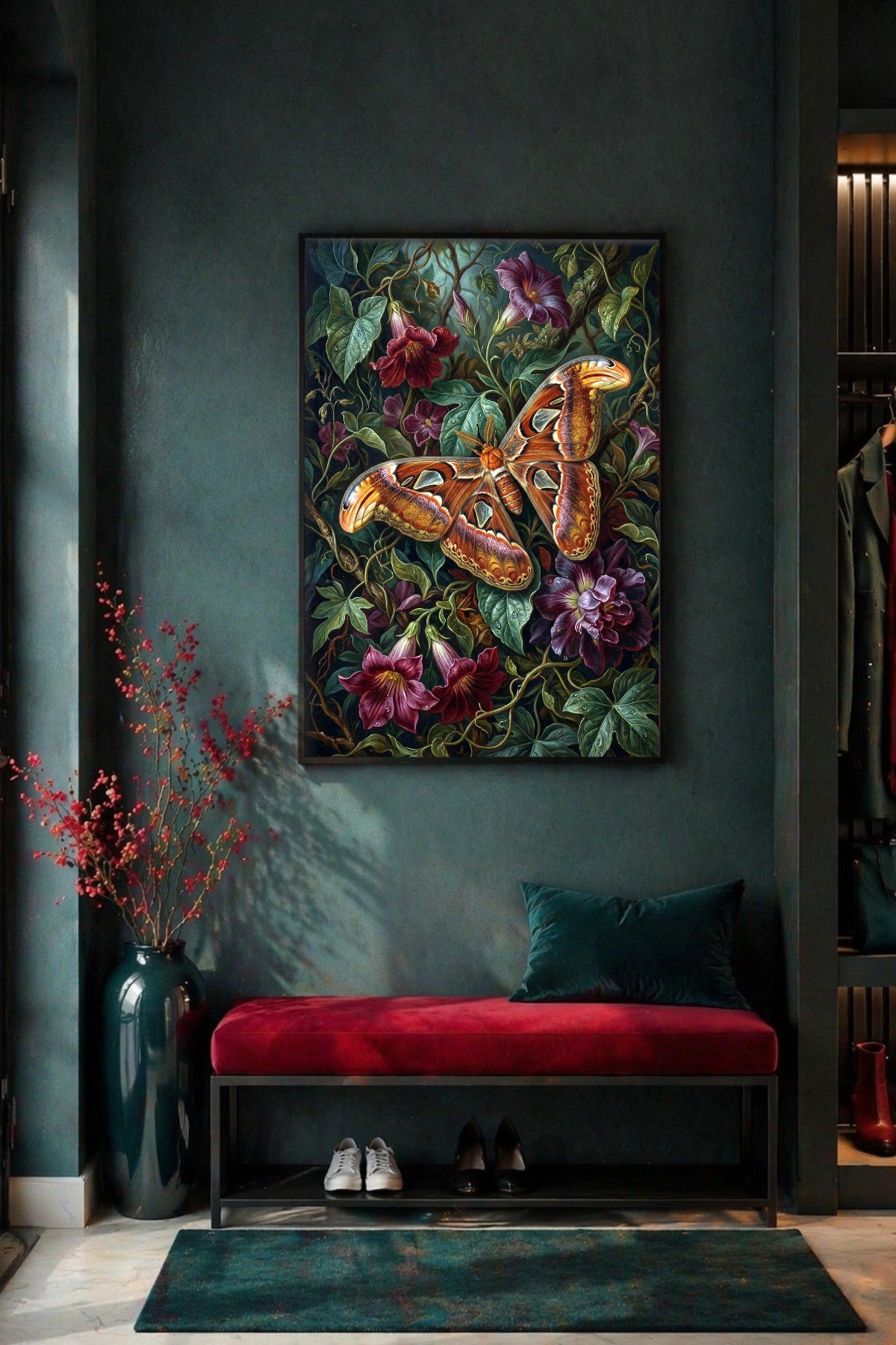 Dark Botanical Atlas Moth Poster im Flur über roter Bank, mit dunkler Wand, Vase und Whimsigoth-inspirierter Einrichtung.