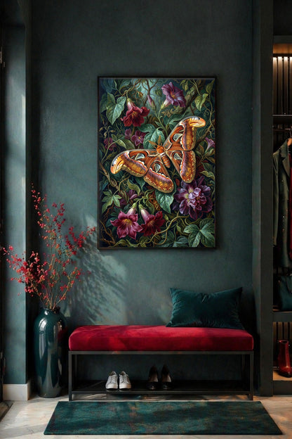 Dark Botanical Atlas Moth Poster im Flur über roter Bank, mit dunkler Wand, Vase und Whimsigoth-inspirierter Einrichtung.