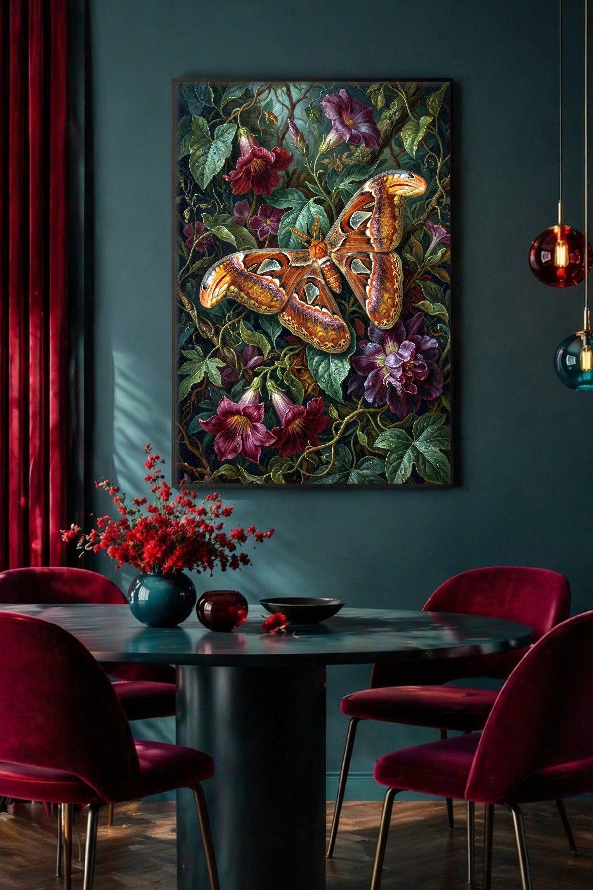 Digitales Atlas Moth Wandbild im Esszimmer mit petrolfarbener Wand, roten Samtstühlen und dunkler botanischer Atmosphäre.