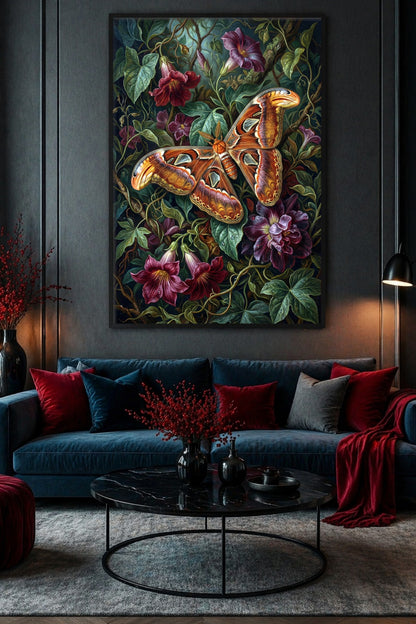 Atlas Moth Poster im Wohnzimmer über blauem Sofa, mit roten Kissen, schwarzem Couchtisch und gedämpfter Beleuchtung.