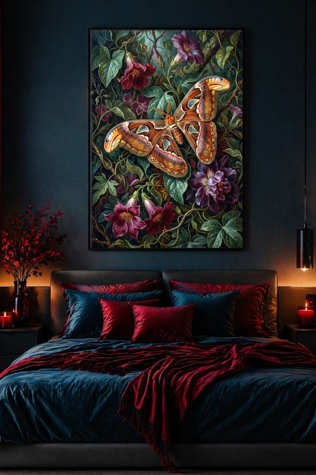 Digitales Dark Botanical Poster mit Atlas Moth über dem Bett, roten Samtakzenten, Kerzenlicht und dunkler Schlafzimmerdeko.